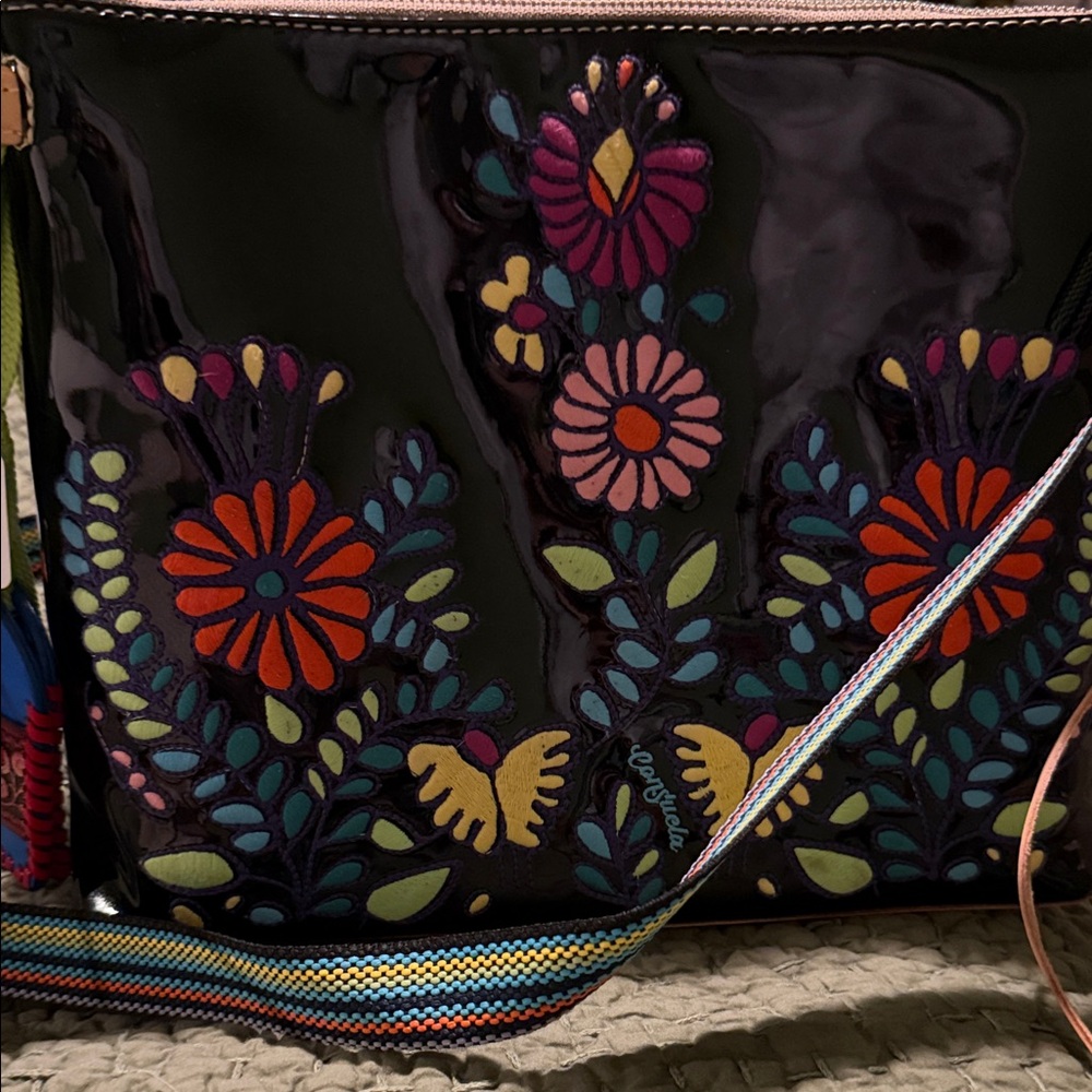 Consuela Black Patent Floral Crossbody with Multicolor Strap